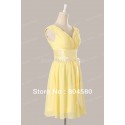 Elegant Stock Deep V Neck Chiffon Cocktail Party dress Yellow Masquerade Gown Short Homecoming Ball Prom Dresses CL6048