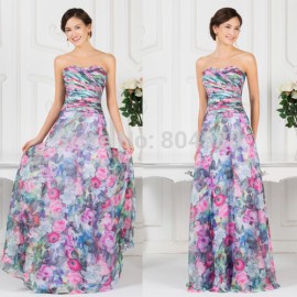 Elegant Strapless Floor Length Chiffon Floral Print Evening dresses   Vintage Flower Special Occasion Party Gown CL7509