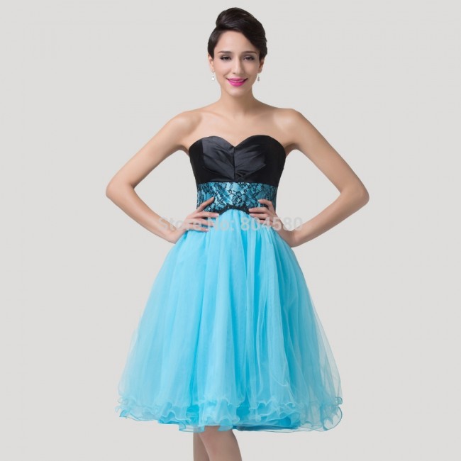 Elegant Women Strapless knee length Short Prom Dress Crystal  Blue Ball Gown muslim Evening party debutante dress CL6250 