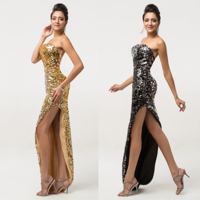 Elegant High Split Long Prom Dresses Black Gold Crystal Sequins Ankle Length 2015 Evening Gown Special Occasion Dress CL7589