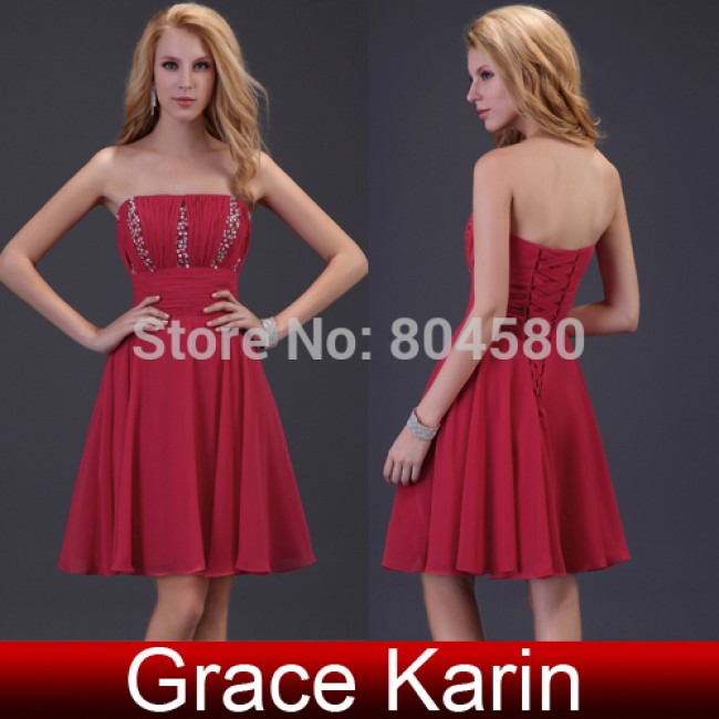 Fashion Design Grace Karin Stock Strapless Sequins women casual Sunday dress Red Formal evening dresses short prom gown CL3422