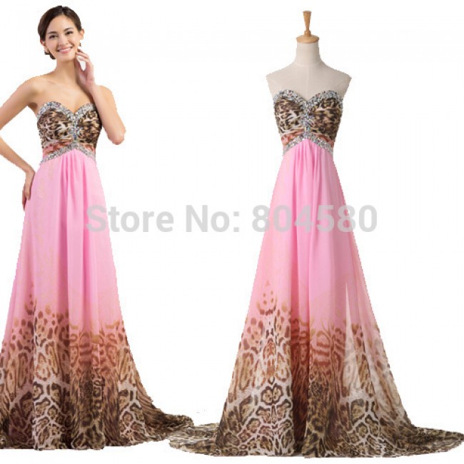 Fashion Style Strapless A Line Chiffon Leopard Print Pattern Evening dress Sleeveless Prom dresses 2015 Formal Party Gown 7558