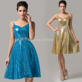 Fast Delivery!Grace Karin Blue/Golden Spaghetti Straps sexy women V-Neck Sequins Party Gown Short evening Prom dresses  CL6149