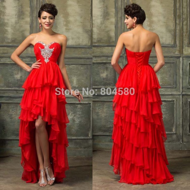 Fast Delivery Short Front Long Back Red Prom dresses 2015 Spring Strapless Sexy Cheap Chiffon Evening Party Gown Dress Ball 3517