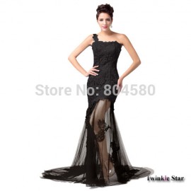 First-class Fashion One Shoulder Vintage Lace evening dress Floor Length Trumpet Prom Party Gown CL6129