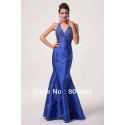  Stock Halter Satin Ball Gown Mermaid Strapless Satin Blue Long Prom party Gown Formal Evening Dress CL6024