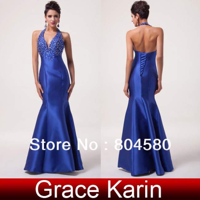  Stock Halter Satin Ball Gown Mermaid Strapless Satin Blue Long Prom party Gown Formal Evening Dress CL6024