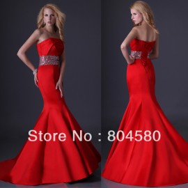 Fashion Grace Karin Sexy Stock Strapless Satin Red Party Prom Gown Mermaid Evening Dress  Sexy Long CL3825