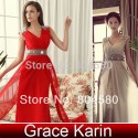 Grace Karin Stock Korean Style V-neck Dark Turquoise Long Chiffon Crystals Formal Evening Dresses   CL3403
