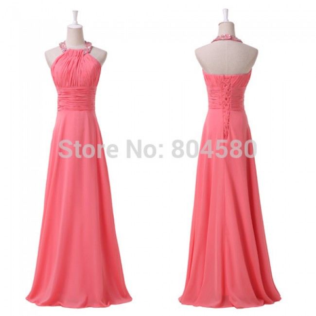 In Stock Sexy Beaded Floor-length Halter Chiffon Long Prom Party Gown Formal Evening Dress  CL6028