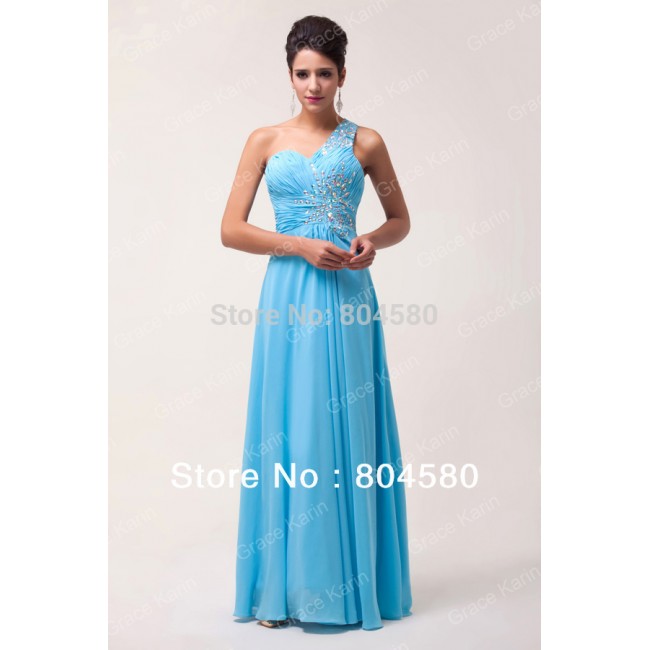   In stock One shoulder Chiffon Formal Party Prom Gown Cheap Long Beaded Evening Dress  CL6027