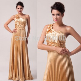   Fashion women's One Shoulder Golden Satin Formal Evening Dress Designer Long Prom Dresses CL6033