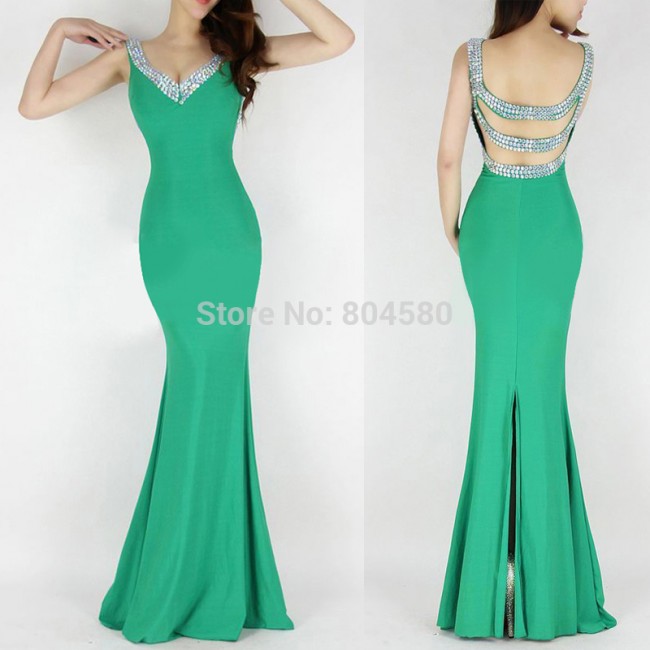 Fashion Ladies' Deep V-Neck Backless Floor Length Sheath Bandage Dress Sexy Winter Evening party dresses CL6061