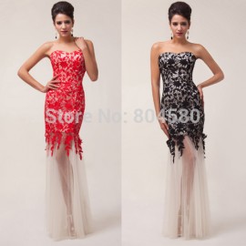 Fashion Ladies' Seethrough Lace Applique Strapless Sheath Mermaid Formal Evening Dress Prom Party Gown  CL6043