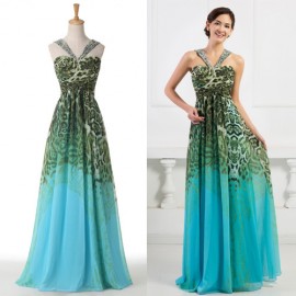 Free Shipping Grace Karin Green Pattern Vintage Style Long Maxi Evening Dress Beach Prom Dresses Blue Formal Party Gowns 7546