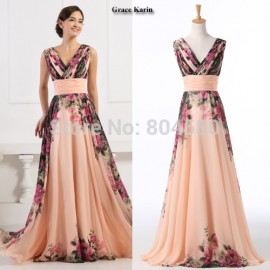   Fashion Women Deep V Neck Flower Pattern Chiffon Party Dress Long Prom Gown Formal Evening dresses CL7502