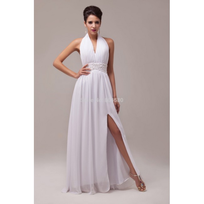 Fashion Strapless Halter Chiffon Women's Backless Party Dress White Prom Dresses Formal Evening gown CL6065