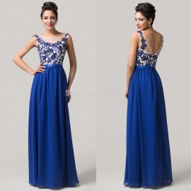 Grace Karin Cheap Prom Long Dress Lace applique Floor length Blue Chiffon Formal Party Gown Sexy Women Evening dresses CL6148