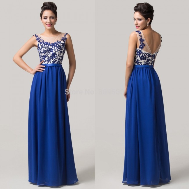Grace Karin Cheap Prom Long Dress Lace applique Floor length Blue Chiffon Formal Party Gown Sexy Women Evening dresses CL6148
