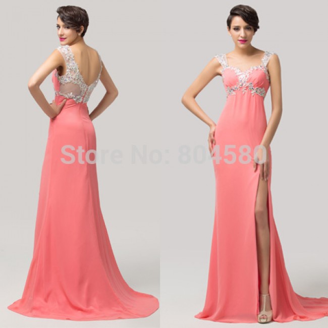 Grace Karin Elegant Red Carpet Evening Party Gown Blue Pink Long Chiffon Crystal Sleeveless homecoming Prom Dress  CL6113