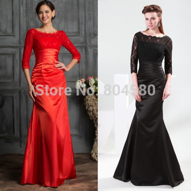 Grace Karin Floor Length Mother of the Bride dresses Black Red Color Long Sleeve Lace Prom dress Formal Evening Gown CL4524