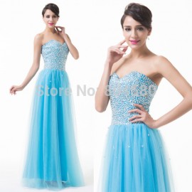 Grace Karin High quality  Strapless Tulle Ball Gown Floor Length Sexy Party dresses Formal Evening dress women Blue CL6255