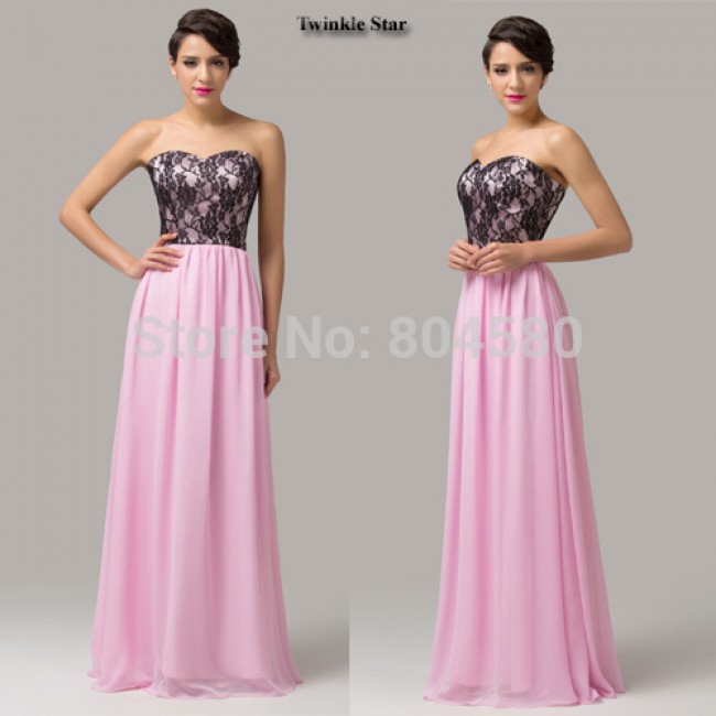 Grace Karin In Stock Strapless Lace Embroidery A Line Pink Chiffon Formal Evening Gowns Long Prom dresses for Women Party CL6142