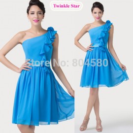Grace Karin Knee Length Blue Chiffon One Shoulder Party Gown Short Evening Prom dresses  CL6217