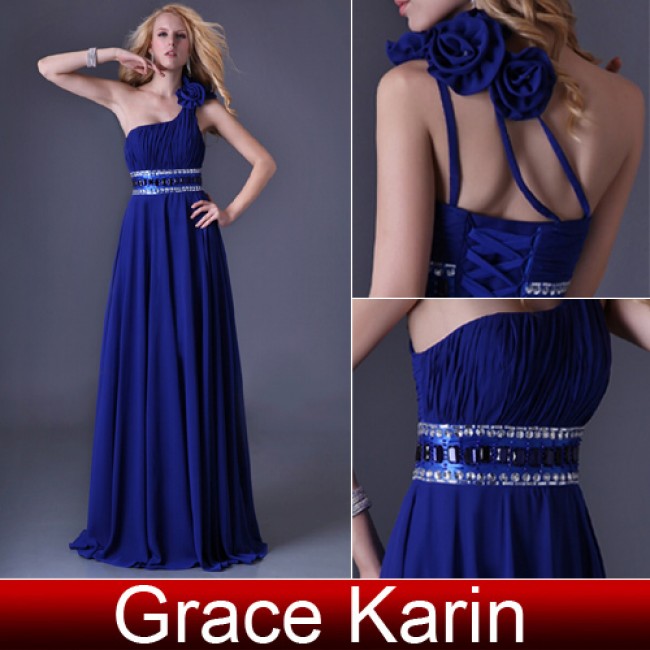 Grace Karin One Shoulder Floor Length Royal Blue Chiffon Prom Dress Elegant Women Fashion Evening Dress Party Gown CL3516