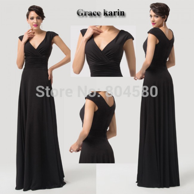 Grace Karin Sexy Deep V-Neck woman dance Black Prom Dress Long party Dresses Formal Evening Gowns CL6169