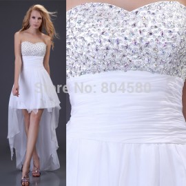 Grace Karin Sexy Strapless Beading High-Low  Model Party Prom Gown Sexy White Chiffon Evening Dress  CL3827