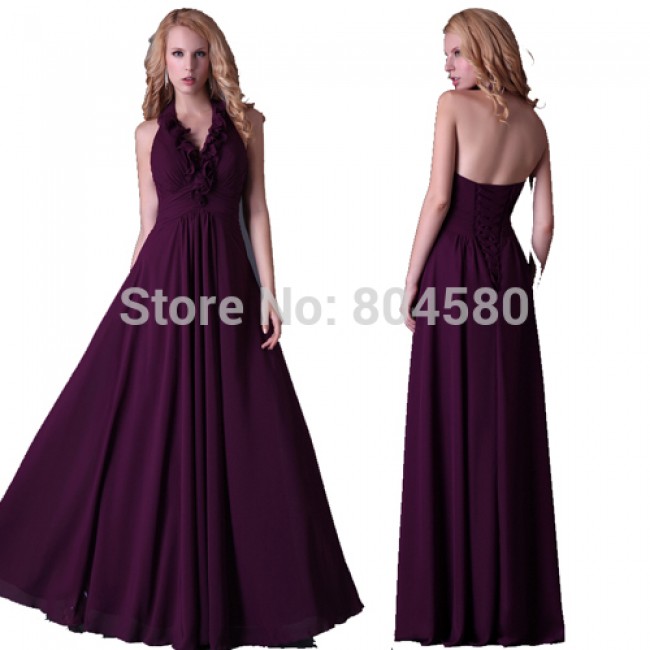 Grace Karin Stock Halter Floor LengthChiffon Mother of the Bride dress Long prom party gown Purple evening dress   CL3435