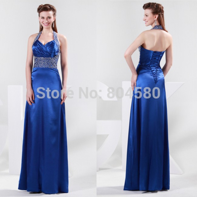 Grace Karin Stock Strapless Halter Silk-Like Floor Length Maxi Evening Dress Long Prom Party Dresses Formal Gowns Blue CL4406