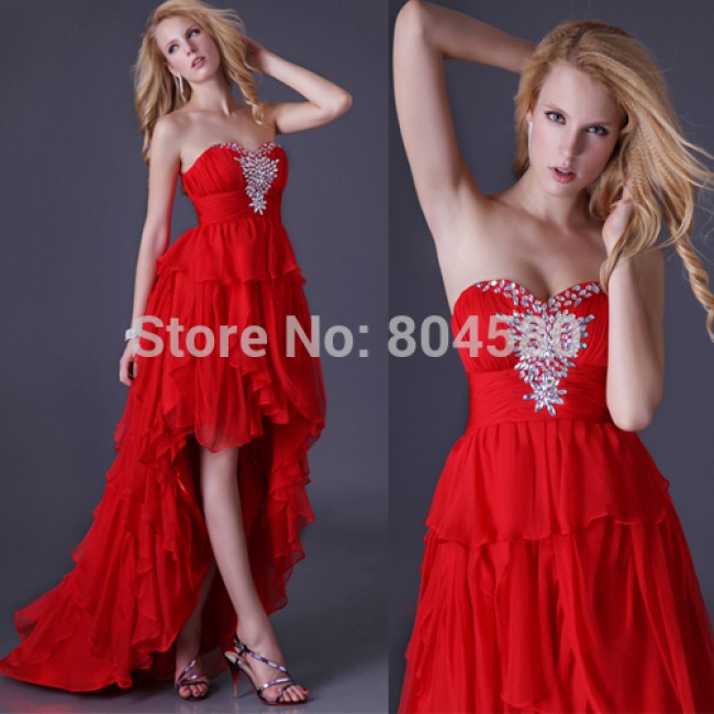 Grace Karin Sweetheart Short Front Long Back Women Chiffon Party Gown High-Low Formal Evening Dress  Prom dresses Red CL3517