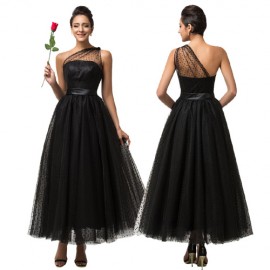 Grace Karin 2015 Summer Women Linen Long Dress vestido de festa Black Lace Evening dresses One Shoulder Mother Prom Gown C7561 