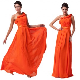 Grace Karin Stock One Shoulder Chiffon Prom Dress 2015 Orange Elegant Graduation dresses Flower Evening Gown Plus Size 6020