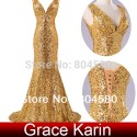 High Quality Charming Grace Karin Stock Sequins Deep V Long Prom Gown Formal Evening Dress Party  CL6052