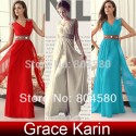 High Quality Grace Karin Stock Korean Chiffon Floor Length Formal Party Gown Red Blue Prom Dress Evening dresses stock CL3403