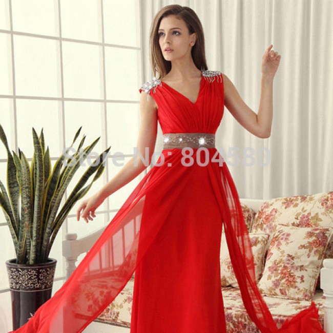 High Quality Grace Karin Stock Korean Chiffon Floor Length Formal Party Gown Red Blue Prom Dress Evening dresses stock CL3403