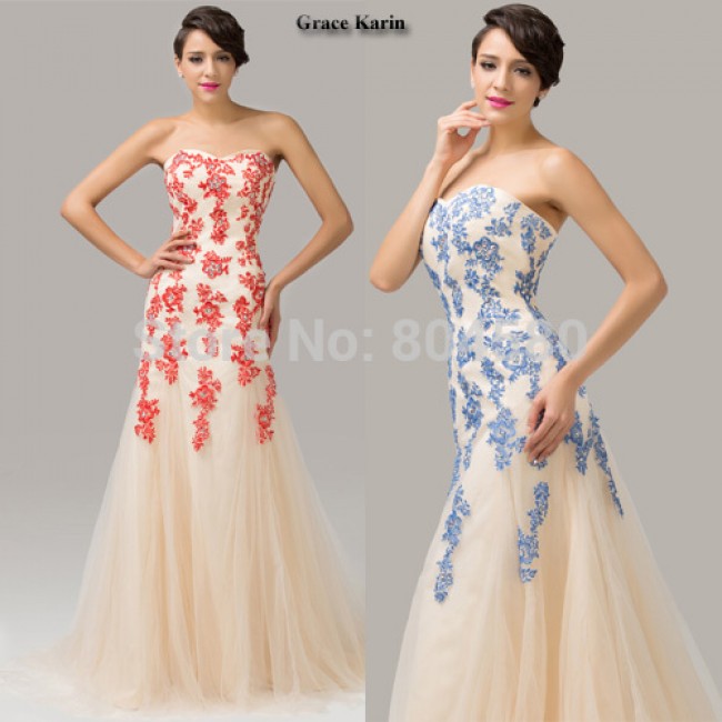 High QualityGrace Karin Strapless Applique Mermaid Evening dress Formal prom Gown Long Party Dress Red Blue Full Length CL6171