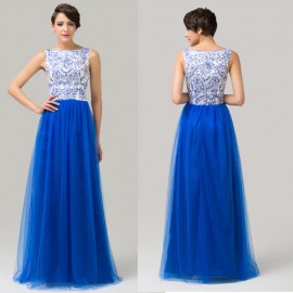 High Neck Royal Blue Tulle Ball Gown Evening Dress Appliques Plus Size Formal Prom Dresses 2015 Long Party Gown in Floor 6106