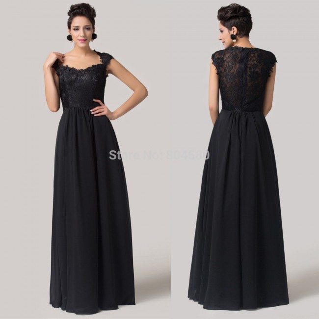 High Quality Floor Length Cap Sleeve Party Prom Dress Long Black Lace Formal Evening Gown Women Mother of the Bride dresses 6127