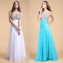 Hot Sale Grace Karin Stock Blue White Long Chiffon Crystal Beads Evening Dress A Line Prom Party Dresses Women Gowns  CL7506