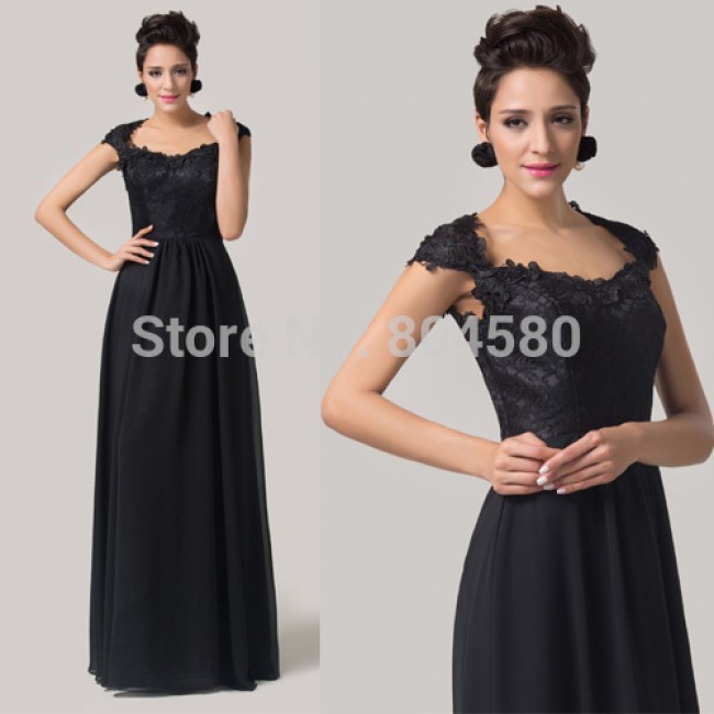 Hot Sale Stock Cheap Floor Length Long Lace Prom Gown Black Mother of the Bride dress Women Cap Sleeve Evening Dress  CL6127