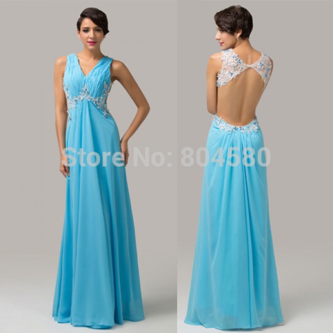In Stock Modern Prom Dresses V neck Sleeveless Sequins Crystal Chiffon Stunning Floor-length Formal evening dress  CL6114