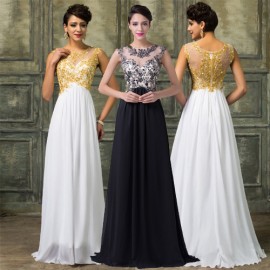 Modest White&Gold Lace Appliques Celebrity Dresses Floor Length Formal Evening Dress 2015 Long Engagement Prom Party Gown D6267