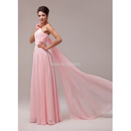   Lady Charming Sexy Shinning One-shoulder Floor Length Chiffon Celebrity dresses Beautiful evening dress CL6006