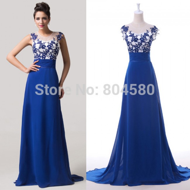  Cap Sleeve Floor Length Blue Chiffon Party Gown Embroidery Formal Evening dress Long Backless Banquet Prom dresses CL6147