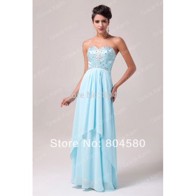 Fashion Strapless off the shoulder beads Long Design Chiffon Backless prom Dresses Women Blue Evening Party Gown  CL4504