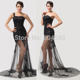  Grace karin One Shoulder Floor Length Black Evening dress lace long Prom party Gown  CL6100